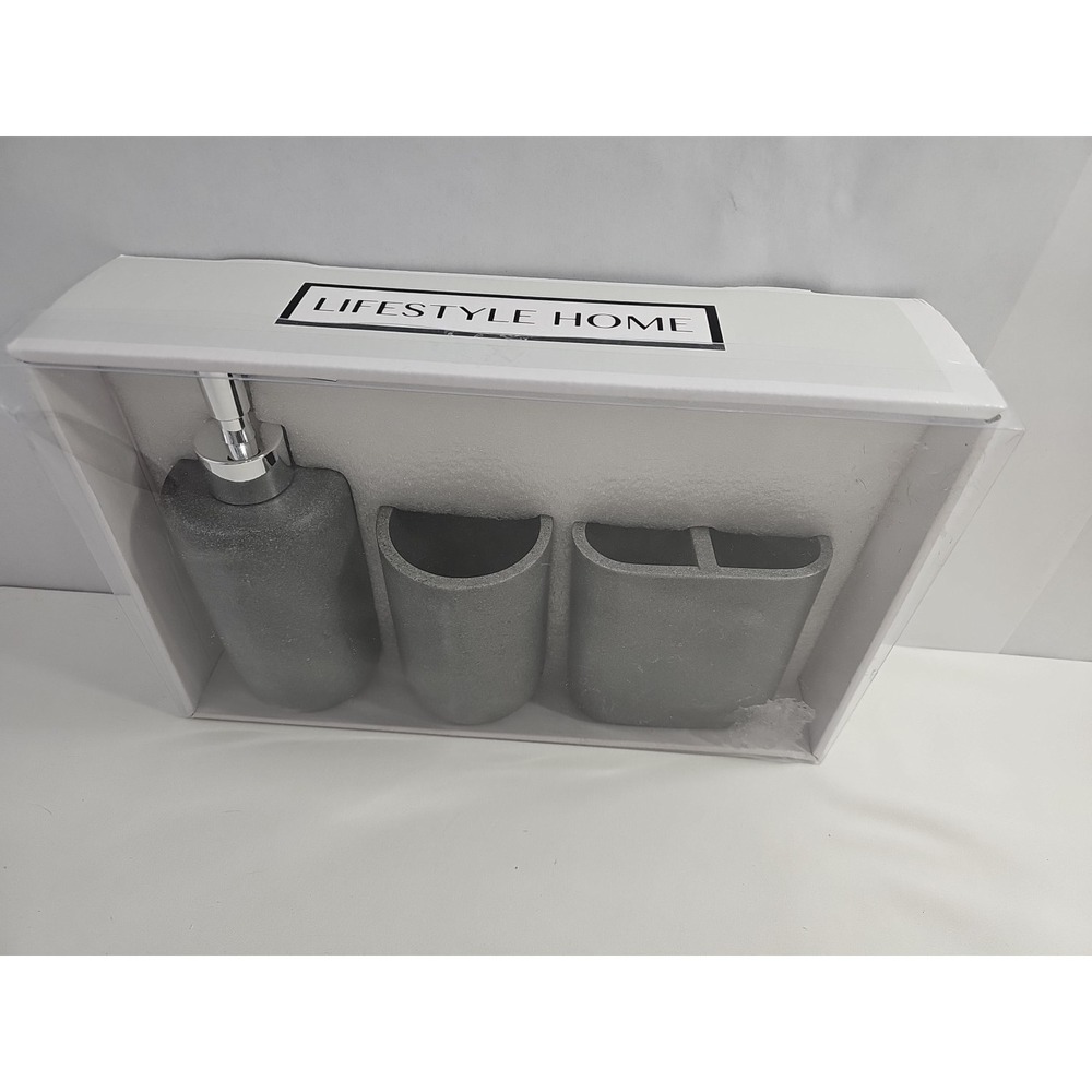 Sandstone Resin Bath‎ Accessor 3 Pcs Soap Dispenser, Toothbrush Holder, Tumbler